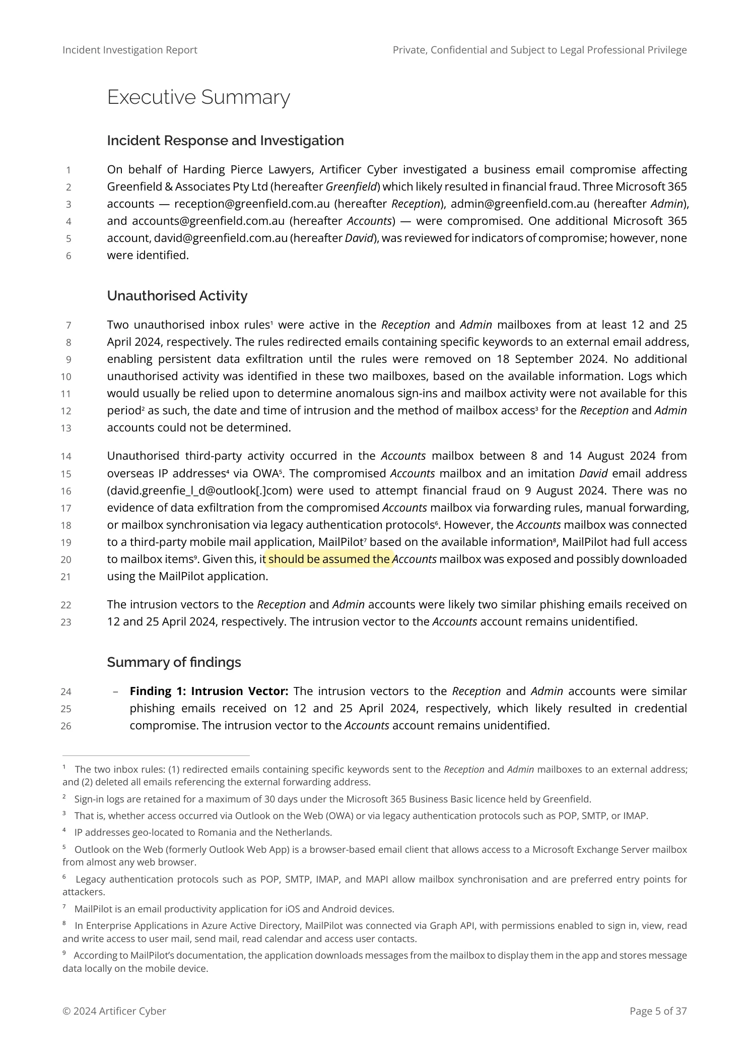 Report excerpt with the assumption-as-finding passage highlighted